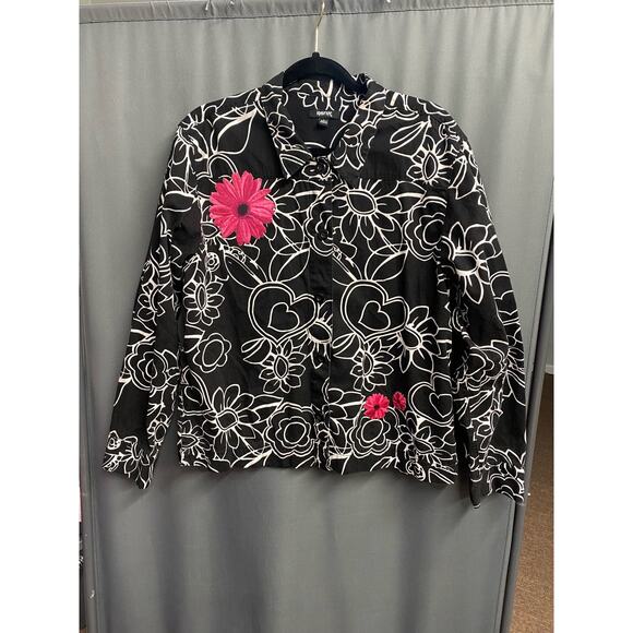 Krazy Kat black white floral  100% cotton jqcket size L (b42) - Picture 1 of 7